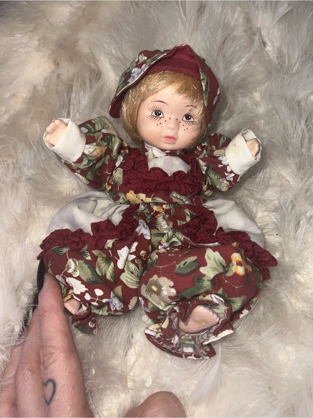 Antique Vintage Porcelain Blonde Baby Doll in Burgundy Floral Outfit w/ Bonnet